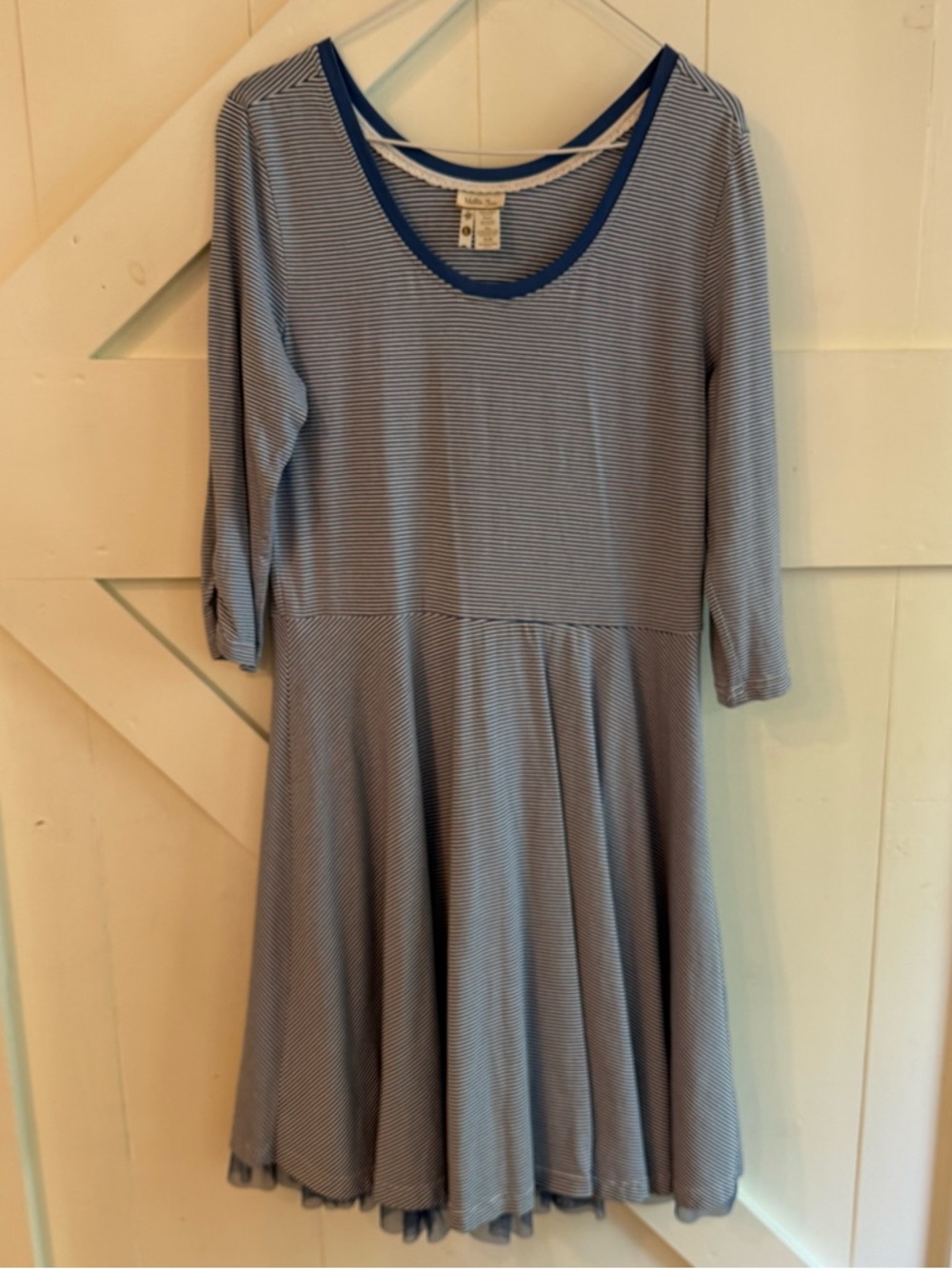 Matilda Jane‎ Women’s Blue & White Striped Knit Dress 3/4 Sleeve Scoop Neck L